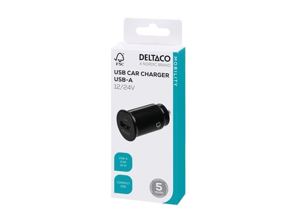 DELTACO USB-CAR123 - Bilstrømadapter - 12 watt - 2.4 A (USB) - svart
