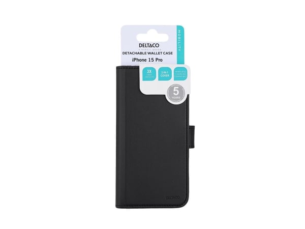 DELTACO - Lommebok for mobiltelefon - 2-i-1, magnetisk - MagSafe-samsvar - veganlær, PU-skinn (termoplastisk polyuretan + polykarbonat) - svart - f...