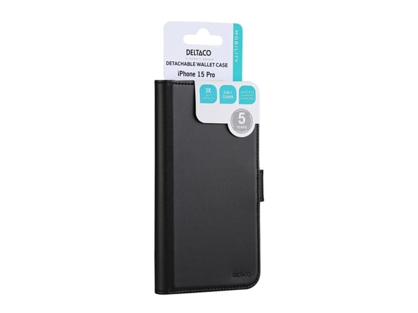 DELTACO - Lommebok for mobiltelefon - 2-i-1, magnetisk - MagSafe-samsvar - veganlær, PU-skinn (termoplastisk polyuretan + polykarbonat) - svart - f...