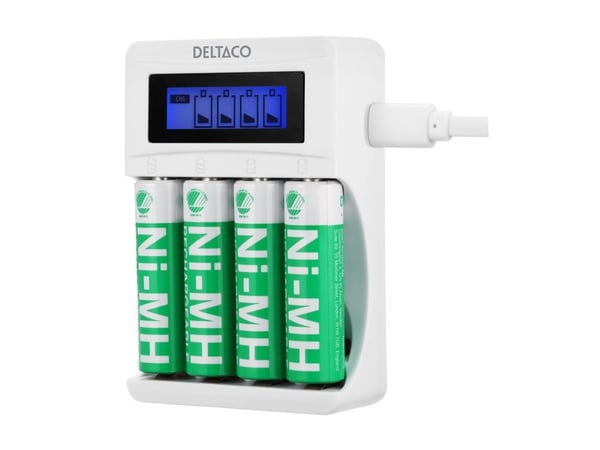 DELTACO - 4-6 tim. batteriladdare - (för 4xAA/AAA) + batteri 4 x AA-typ - vit