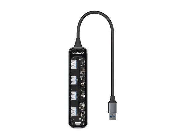 Deltaco USB-A-keskitin, 4x USB-A, 5 Gbit/s, läpinäkyvä, läpinäkyvä