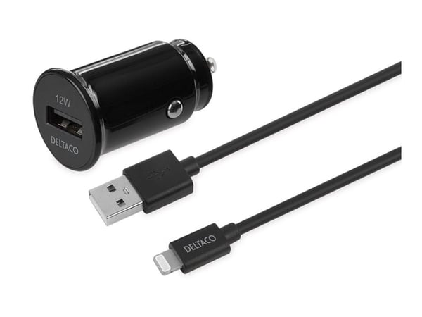 DELTACO USB-CAR130 - Bilstrømadapter - 12 watt - 2.4 A (USB) - på kabel: Lightning - svart