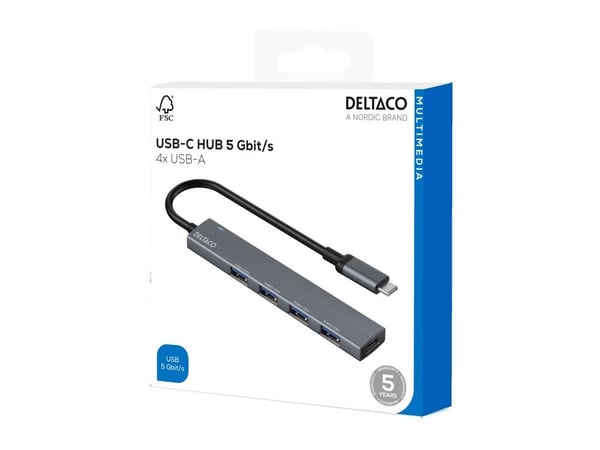 USB-C-keskitin DELTACO, 5 Gbps, 4x USB-A-paikka, alumiini, harmaa / USBC-HUB206 / 1903173