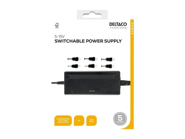 DELTACO - Verkkolaitesovitin - 5-15V DC, 3A, 6 kärkiä - AC 100-240 V - 36 Watt - musta