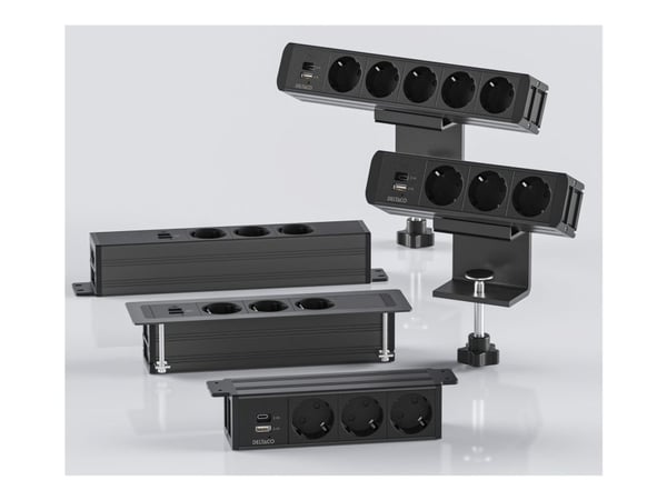 Deltaco OFFICE Under-desk Outlet angled,5 outlet,1x21W A+C USB,GST18, AC + USB A + USB C, CEE 7/3, Vastaanotto, musta, Alumiini, Muovi, 50/60 Hz