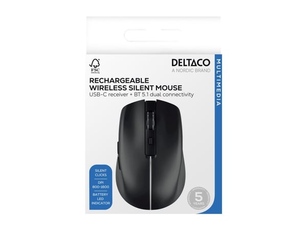 Deltaco Trådløs mus me dualmode og justerbar DPI, Stille, Svart, Høyre hendt, Optisk, RF trådløs + Bluetooth, 1600 DPI, Svart