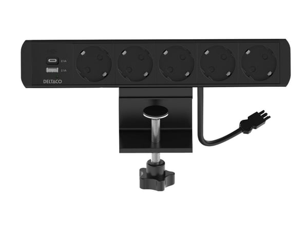 DELTACO OFFICE - pistorasia - AC 100-240V - 21 Watt - tulo: GST18 - lähtöliittimet: 7 (24-nastainen USB-C, USB, virta CEE 7/3) - 15 cm johto - must...