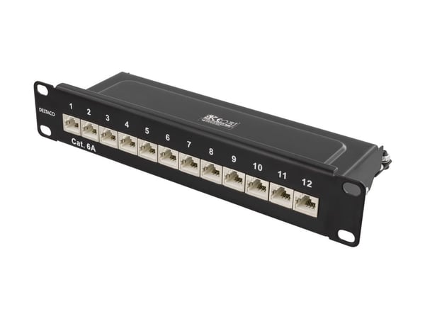 DELTACO 10-PATCH15 - Koblingspanel - rackmonterbar - CAT 6a - STP - RJ-45 X 12 - svart - 10"