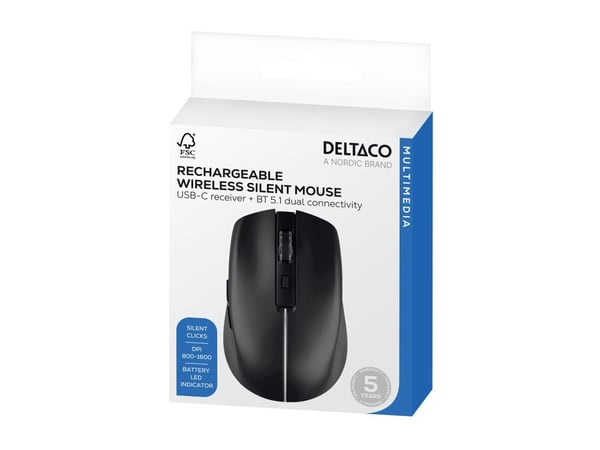 Deltaco Trådlös tyst mus justerbar DPI, uppladdningsbar, dual mode, svart, högerhand, Optisk, Trådlös RF + Bluetooth, 1600 DPI, Svart