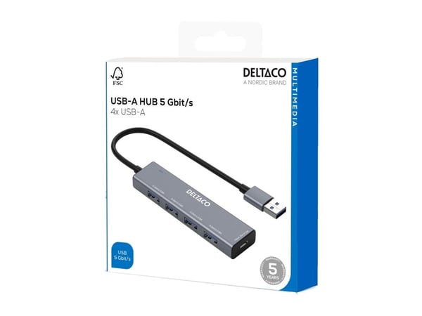 USB-A-hubb DELTACO, 4x USB-A-uttag, 5 Gbps, aluminium, grå / UH-738 / 1903171