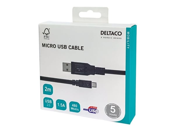 DELTACO - USB-kaapeli - Micro-USB tyyppi B (uros) - USB (uros) - 2 m - musta