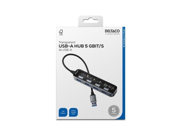 Deltaco USB-A-keskitin, 4x USB-A, 5 Gbit/s, läpinäkyvä, läpinäkyvä