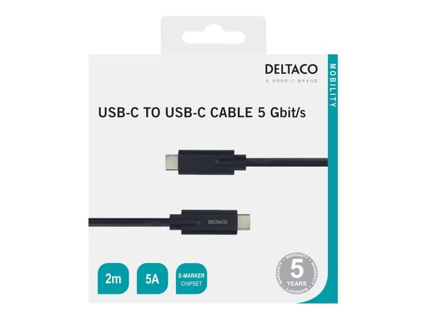 DELTACO - USB-kaapeli - USB-C (uros) - USB-C (uros) - 5 A - 2 m - musta
