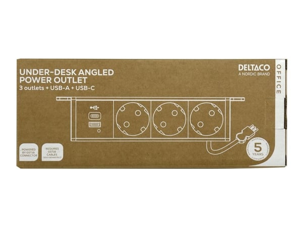Deltaco OFFICE Under-desk Outlet angled,3 outlet,1x21W A+C USB,GST18, AC + USB A + USB C, CEE 7/3, Vastaanotto, musta, Alumiini, Muovi, 50/60 Hz