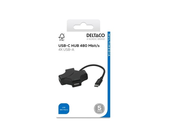 USB-C-keskitin, 4x USB-A 480 Mbps, musta