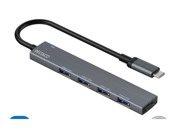 USB-C-keskitin DELTACO, 5 Gbps, 4x USB-A-paikka, alumiini, harmaa / USBC-HUB206 / 1903173