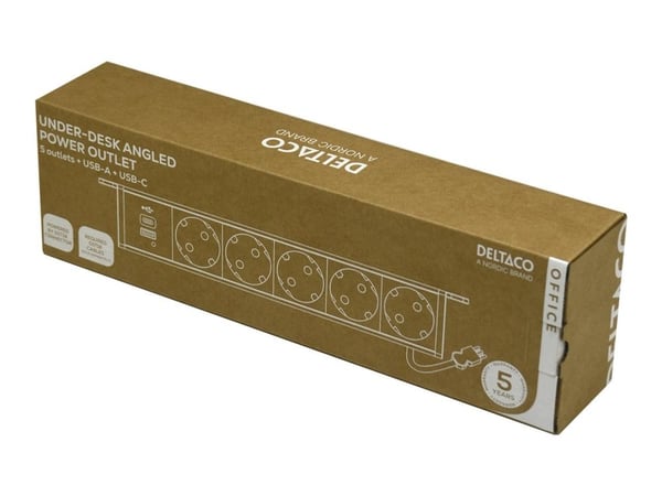 Deltaco OFFICE Under-desk Outlet angled,5 outlet,1x21W A+C USB,GST18, AC + USB A + USB C, CEE 7/3, Vastaanotto, musta, Alumiini, Muovi, 50/60 Hz