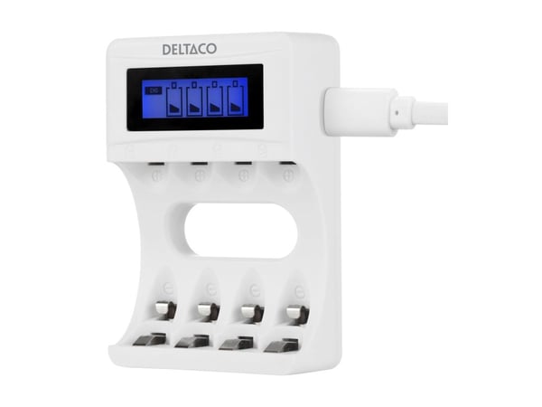 DELTACO - 4-6 tim. batteriladdare - (för 4xAA/AAA) + batteri 4 x AA-typ - vit