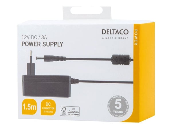 DELTACO PS12-30B - Strømadapter - 1,5 m, 12V DC, 3A, 50/60Hz - AC 100-240 V - 36 watt - svart