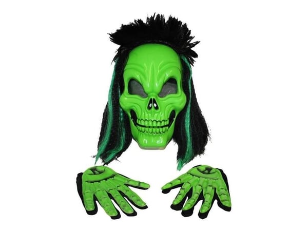 Grøn kraniemaske med handsker