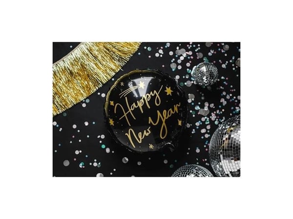 PartyDeco Happy New Year, Lekeballong, Folie, Sort, Bilde, Nyttårsaften, Rund