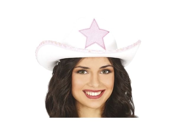 Hvid cowboyhat med lyserød stjerne