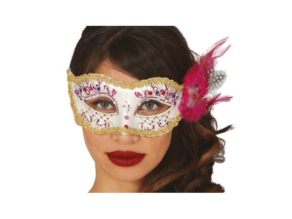 Hvid maske med pink fjer