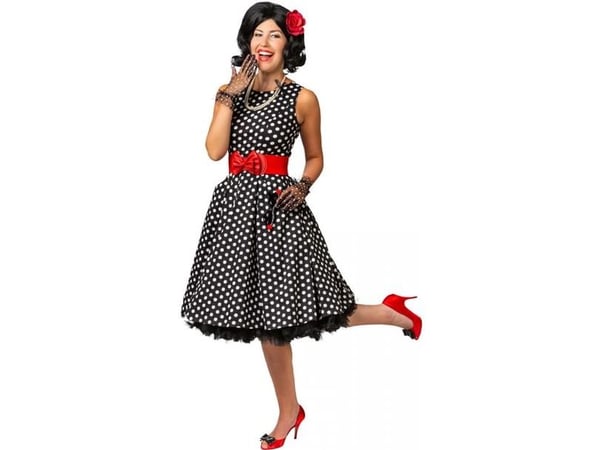 Rockabilly-mekko, jossa on valkoisia pilkkuja