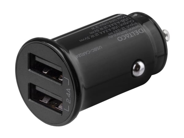 DELTACO USB-CAR124 - Bilstrømadapter - 12 watt - 2.4 A - 2 utgangskontakter (USB) - svart