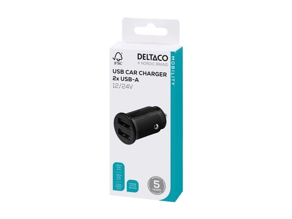 DELTACO USB-CAR124 - Bilstrømadapter - 12 watt - 2.4 A - 2 utgangskontakter (USB) - svart