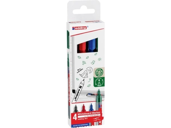 Edding 361 Whiteboard, 4 styck, Svart, Blå, Grön, Röd, Rundad spets, Plast, Rund, 1 mm