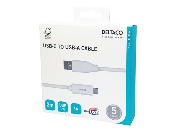 Deltaco USBC-1011M, 2 m, USB C, USB A, USB 2.0, Valkoinen