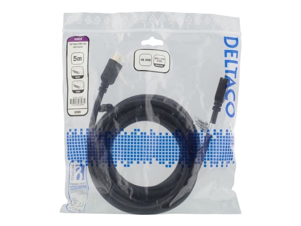 DELTACO HDMI-1050D - HDMI-kabel med Ethernet - HDMI hann til HDMI hann - 5 m - svart - 4K-støtte