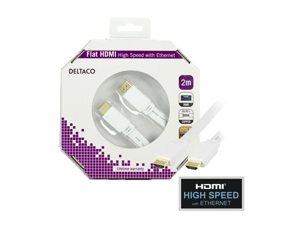 DELTACO HDMI-1020H-K - HDMI-kabel med Ethernet - HDMI hann til HDMI hann - 2 m - hvit - flat