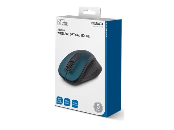 DELTACO MS-708 - Mus - ergonomisk - optisk - 3 knapper - trådløs - 2.4 GHz - USB trådløs mottaker - blå