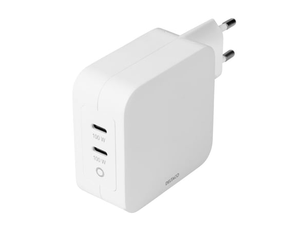 DELTACO USBC-GAN03 - Strømadapter - 100 watt - 5 A - PD - 2 utgangskontakter (2 x USB-C) - hvit