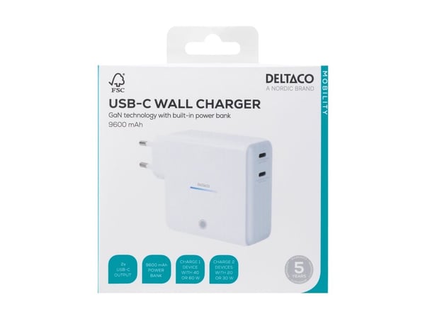 DELTACO - Strømbank / strømadapter - Li-Ion - 9600 mAh - 35.52 Wh - 60 watt - QC - 2 utgangskontakter (USB-C) - hvit