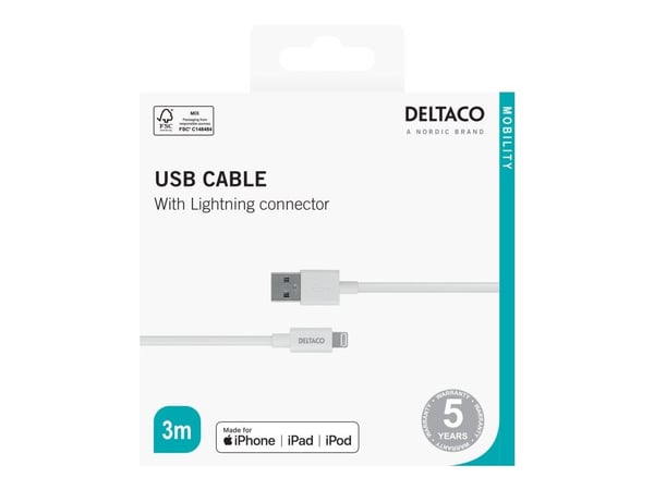 DELTACO - Lightning-kaapeli - USB han til Lightning han - 3 m - hvid - for Apple iPad/iPhone/iPod (Lightning)