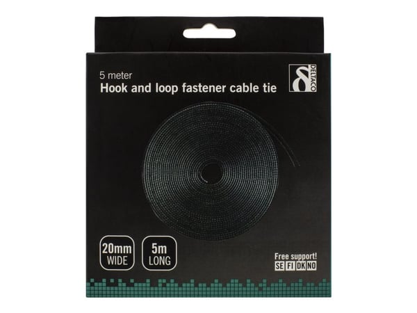 Deltaco CM2005S, Hook & loop cable tie, Musta, 5 m, 20 mm, 1 kpl