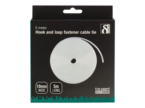 Deltaco CM05W, Hook & loop cable tie, Velcro, Valkoinen, 5 m, 10 mm, 1 kpl