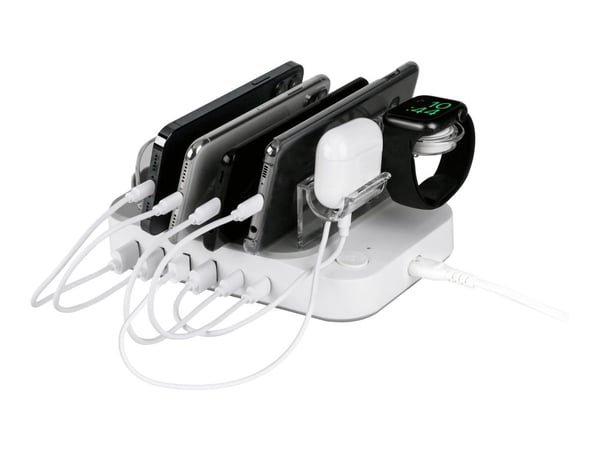 DELTACO DPS-0203 - Ladestasjon - 50 watt - PD - 6 utgangskontakter (4 x USB, 2 x USB-C) - hvit