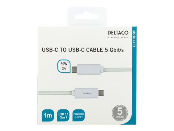 DELTACO - USB-kabel - USB-C (hann) til USB-C (hann) - 1 m - hvit