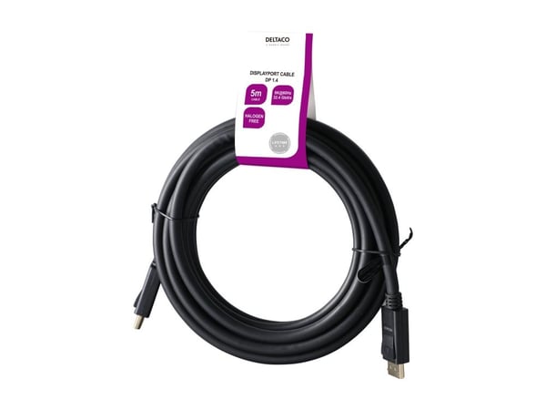 DELTACO - DisplayPort-kabel - DisplayPort (hann) til DisplayPort (hann) - DisplayPort 1.4 - 5 m - halogenfri, 8 K 60 Hz (7680 x 4320) støtte - svart