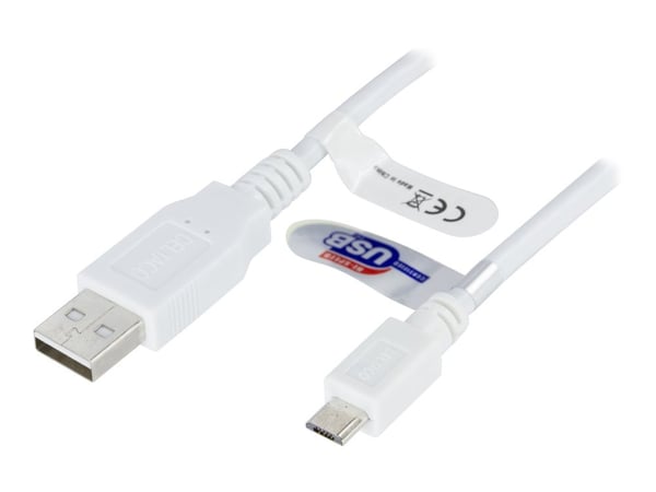Deltaco USB-303W, 3 m, USB A, Micro-USB B, USB 2.0, Valkoinen