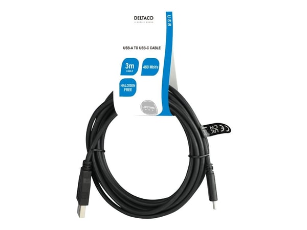 DELTACO - USB-kabel - 24 pin USB-C (hann) til USB (hann) - USB 2.0 - 3 m - USB Power Delivery (10W) - svart