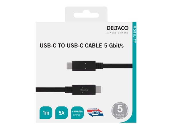 DELTACO USBC-1501M - USB-kaapeli - USB-C (uros) - USB-C (uros) - 5 A - 1 m - musta - musta
