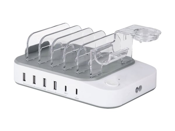 DELTACO DPS-0203 - Ladestasjon - 50 watt - PD - 6 utgangskontakter (4 x USB, 2 x USB-C) - hvit