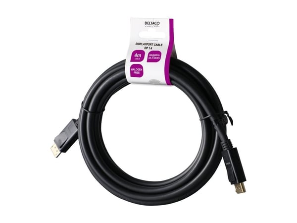 DELTACO - DisplayPort-kabel - DisplayPort (hann) til DisplayPort (hann) - DisplayPort 1.4 - 4 m - halogenfri, 8 K 60 Hz (7680 x 4320) støtte - svart