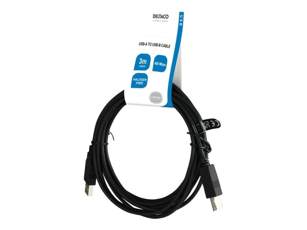 DELTACO - USB-kaapeli - USB (uros) - USB Type B (uros) - USB 2.0 - 3 m - musta