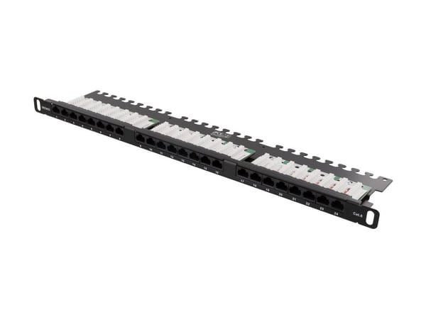 Deltaco UTP kytkentäpaneeli 24xRJ45, Cat6, 0,5U, 19", kaapelituki, RJ45, Cat6, U/UTP (UTP), Telinekiinnitys, 0.5U, Musta